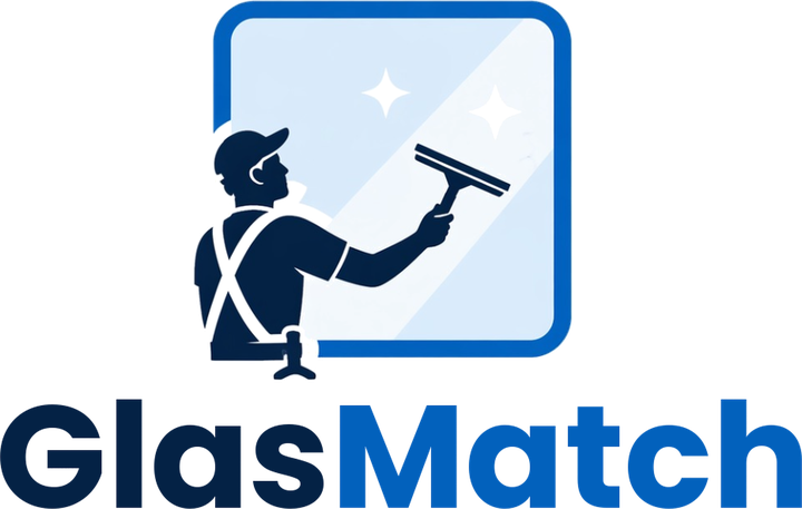 GlasMatch-logo: een glazenwasser met een wisser voor een raam